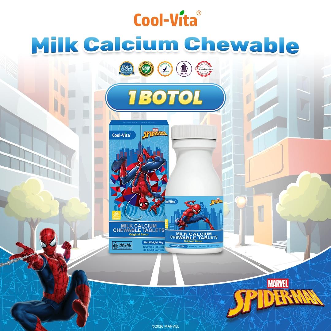 CoolVita Disney Spiderman 1 Botol Calcium Chewable 30 Tablet Kunyah Vitamin Tinggi Rasa Susu Bantu Tinggi dan Dukung Pertumbuhan Tulang Secara Optimal untuk Anak dan Dewasa