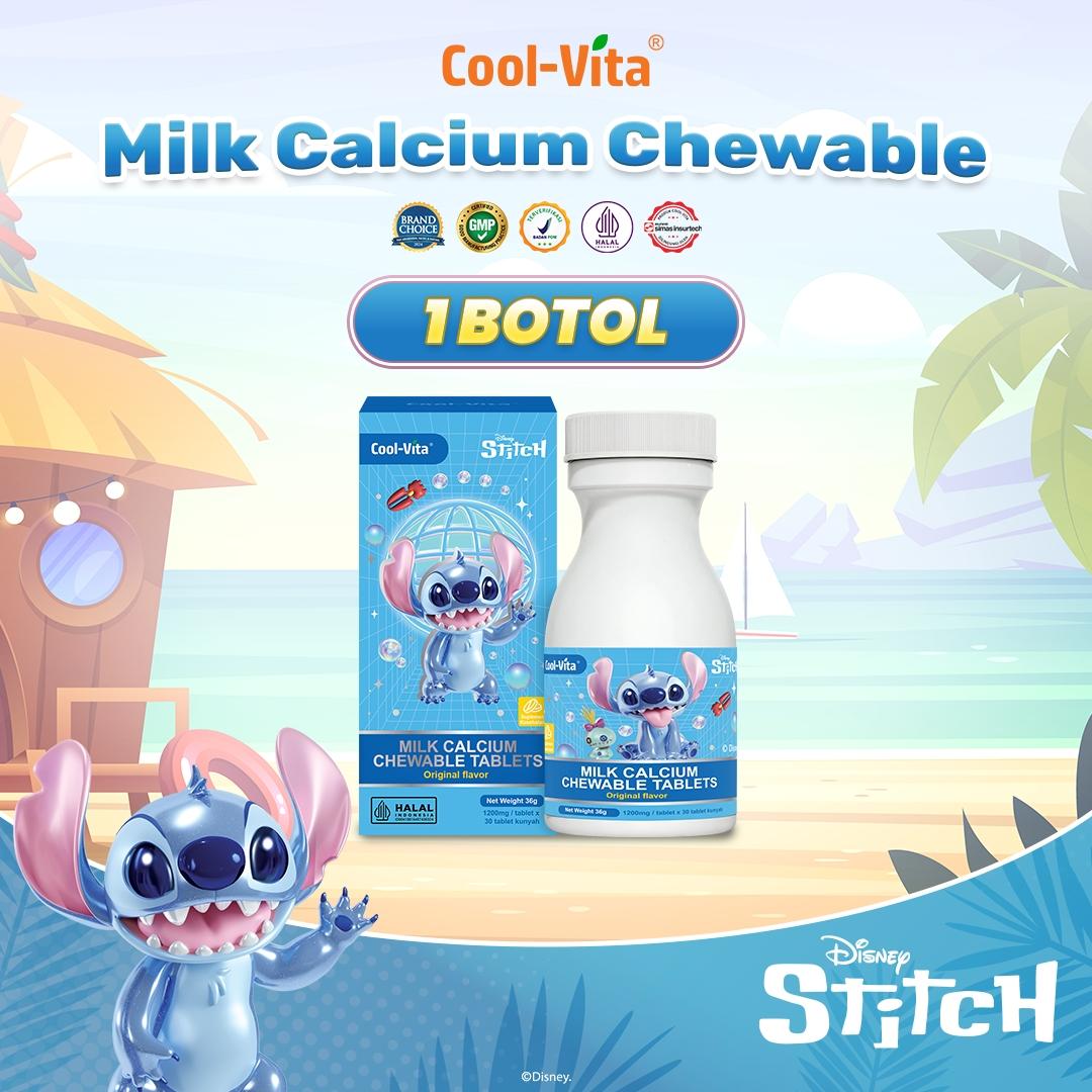 CoolVita Disney Stitch 1 Botol Calcium Chewable 30 Tablet Kunyah Vitamin Tinggi Rasa Susu Bantu Tinggi dan Dukung Pertumbuhan Tulang Secara Optimal untuk Anak dan Dewasa